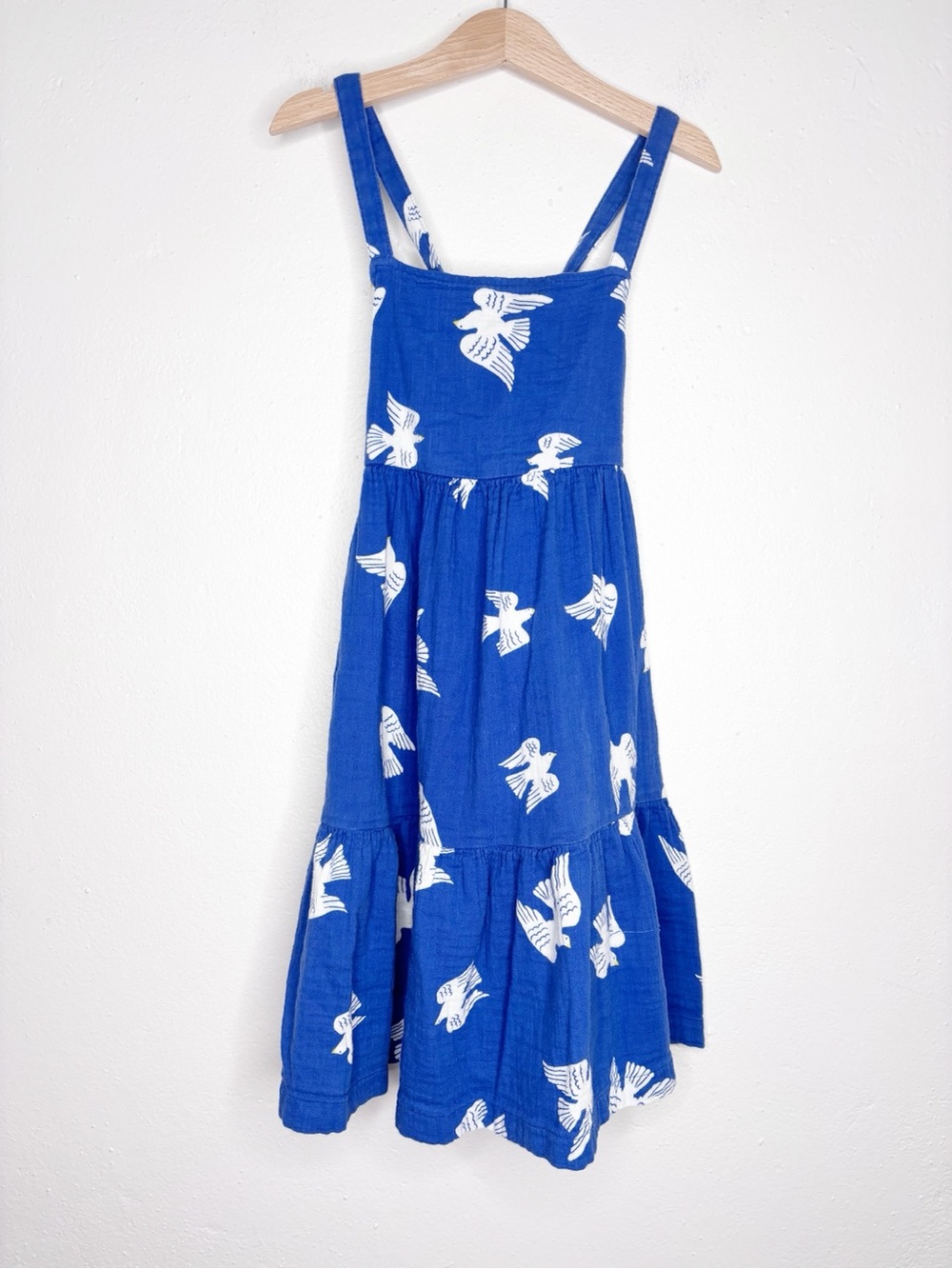 Hanna Andersson Blue White Bird Print Cotton Gauze Dress Criss Cross Strap 5T